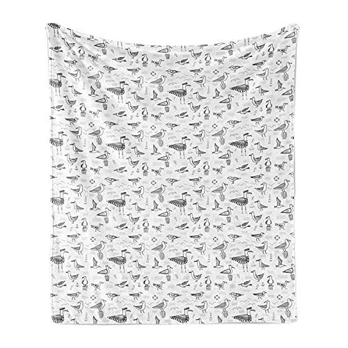 Lunarable Seagulls Soft Flannel Fleece Throw Blanket, Seagulls Bohemian Design Elements Nautical Marine Inspiration, Cozy Plush for Indoor and Outdoor Use, 50" x 60", White Black - color: White Black, size: 50" x 60"
