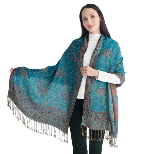 Ciormis Two Tone Silky Paisley Pashmina Shawl Scarf,Soft Women's Rave Jacquard Pashminas Wrap Scarves - color: Style1 -Teal 1 Paisley