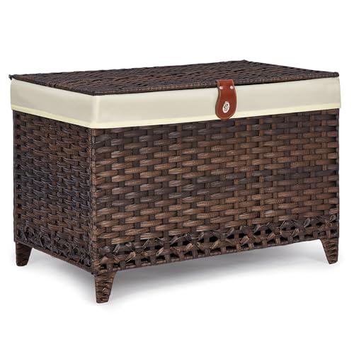 Honjourai Wicker Storage Basket with Lid,Rattan Shelf Basket with Removable Liner Bag,200L Storage Bin,Storage Trunk with Heightened Feet,Storage Container for Wardrobe,Home Organizer - color: Brown, size: 200L