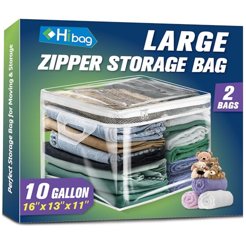 HIBAG 10 Gallon Large Storage Bag for Clothes, Zipper Clothing Storage Bag, Clear Organizer with Reinforced Handles, for Closet and Underbed Storage (2 Pack) - size: 10 gal Clear - 2 pack