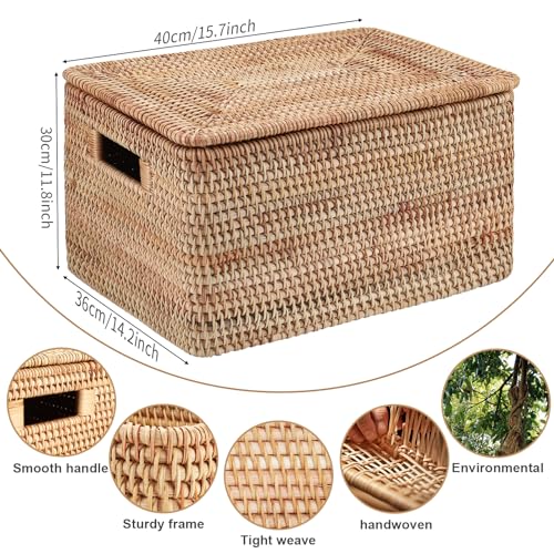 Rattan Basket With Lid, Large Lidded Basket For Storage(15.75" L×14.17" W×11.81" H) - size: 15.75"×14.17" ×11.81"