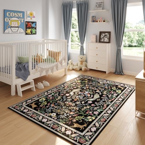 3x5 Rug Washable Area Rug Floral Office Rug Non Slip Small Carpet for Bedroom, Bedside, Kitchen, Entryway, Kids Room, Office (Vibrant Black) - color: Vibrant Black, size: 3' x 5' (Rectangular)