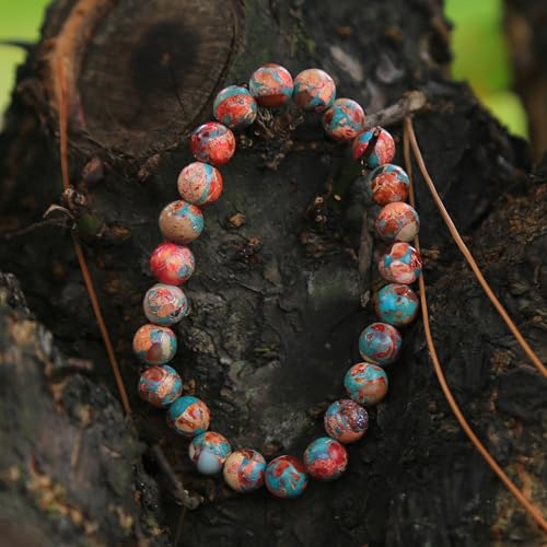 Handmade Natural Imperial Jasper Gem Semi Precious Gemstone 8mm Round Beads Stretch Bracelet 7" Unisex - color: Red