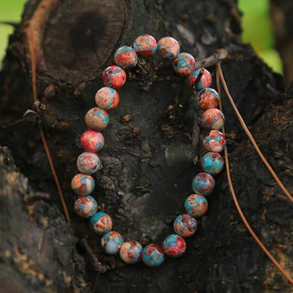 Handmade Natural Imperial Jasper Gem Semi Precious Gemstone 8mm Round Beads Stretch Bracelet 7" Unisex - color: Red