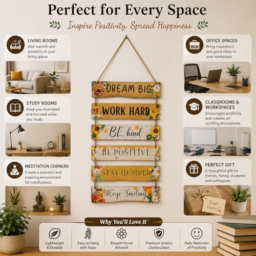 Crafter's Delight This inspirational hanging wall décor features a collection of uplifting motivational quotes beautifully displayed on connected wooden-style panels. Designed with floral accents and warm rustic tones, it adds positivity, charm, and a che