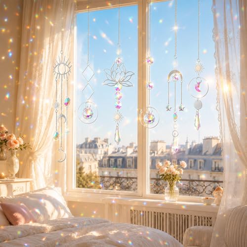 ilclviz Suncatcher Crystal Hanging Sun Catcher Prism with Chain Pendant Ornament Crystal Balls for Window 6 Pieces - color: Silver B