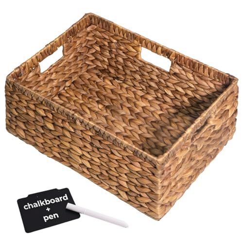 KOKODO Pack 1 COLORED Large Rectangular Water Hyacinth Wicker Storage Basket with Handles and Built-in Metal Frame with Chalkboard, Handwoven Perfect for Space-Saving Shelves and Room Organizing - color: Dark Brown, size: Large 15"Lx11"W