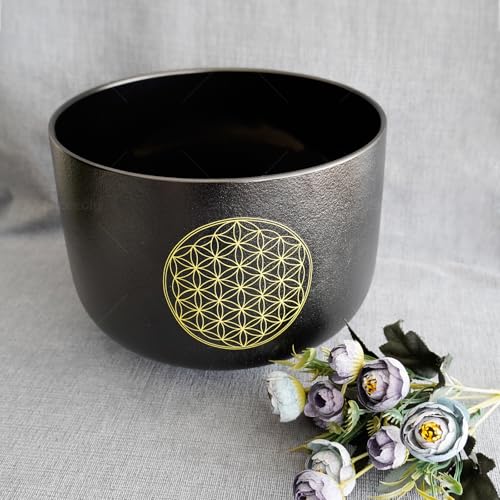 10 inch C Note Life of Flower Black Crystal Singing Bowl Root Chakra Meditation Sound Healing with Durable Carrying Case Suede Mallet Striker O-ring - size: 10 inch C NOTE