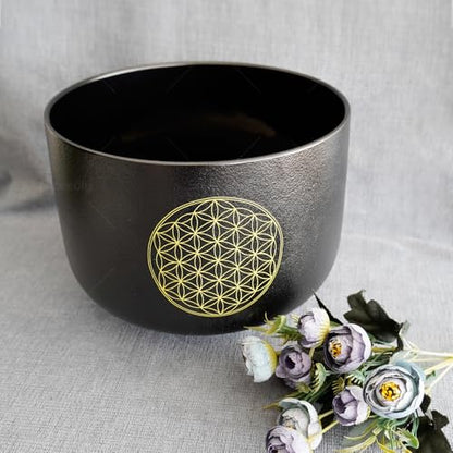 10 inch C Note Life of Flower Black Crystal Singing Bowl Root Chakra Meditation Sound Healing with Durable Carrying Case Suede Mallet Striker O-ring - size: 10 inch C NOTE