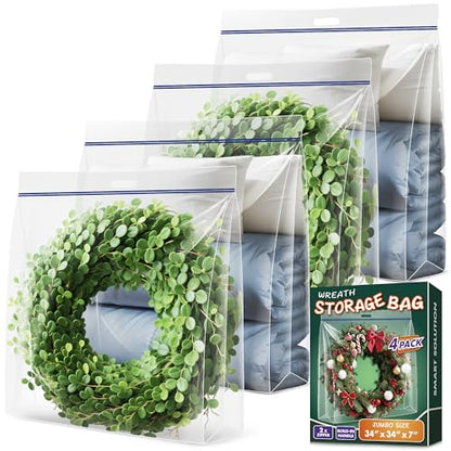 Extra Large Clear Wreath Storage Plastic Bag with Handle For Halloween Summer Christmas Decoration or Clothing Blanket Comforters Bed Sheets Pillows, 4 Pack, 34"x34"x7"