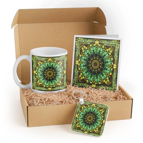 3dRose Yoga Lovers Meditation Gift Set - Mug, Keychain, Card with Colorful Floral Mandala Pattern - Perfect Birthday Present for Yoga Enthusiasts