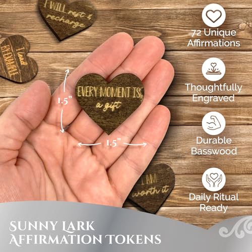 Positive Affirmation Wood Cutouts | 72 Unique Laser Engraved Wood Hearts with Positive Affirmation Messages | Includes Desktop Affirmation Holder | Daily Motivational Gift - style: Affirmation Chips