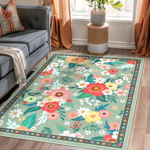 Washable Area Rug 5'x3', Non Slip Boho Floral Rug Vintage Soft Low Pile Bedroom Area Rugs for Living Room, Bedside, Entryway, Kids Room (Flower-Green, 3' x 5') - color: Flower-green, size: 3' x 5' (Rectangular)