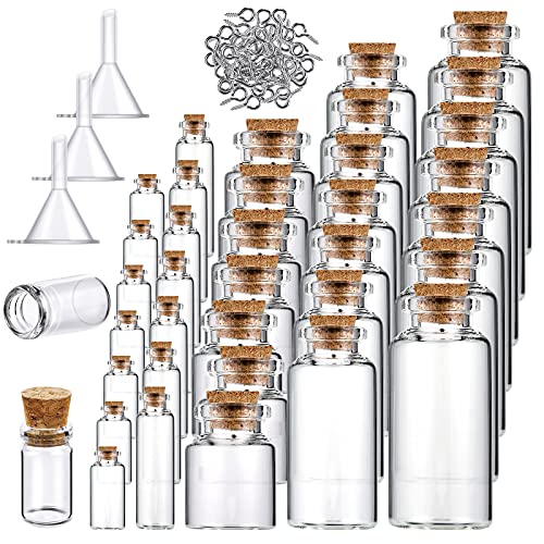 Geiserailie 45 Pcs Mini Glass Bottles with Cork Stoppers Spell Jar Mini Glass Vials Potion Bottles Clear Wishing Jars with 50 Eye Screws 3 Funnels for Party Favors DIY Art Crafts Decoration(Medium) - size: Medium