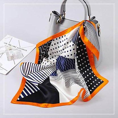 ANDANTINO 100% Mulberry Silk Scarf -21” Lightweight Square Neckerchief – Breathable Digital Printed Scarves with Gift Packed - color: Black& Orange Geometric