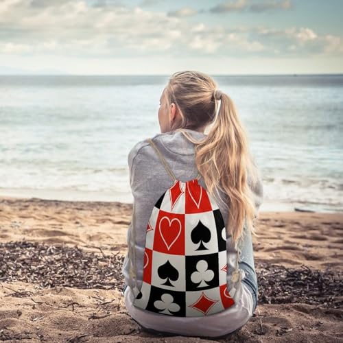 Suits Hearts Diamonds Clubs Spades Grid Poker Playing Cards Portable Canvas Drawstring Backpack with Drawstring Pockets 35x50cm - color: Suits Hearts Diamonds Clubs Spades Grid Poker, size: 35x50cm