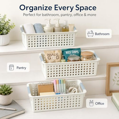 Basicwise Set of 6 Plastic Storage Baskets, 12" x 5" x 5" Ivory Organizer Bins with Handles, Perforated Small Storage Containers for Pantry, Bathroom, Laundry, Closet, Office, Toys, Shelves, Home - size: Set of 6