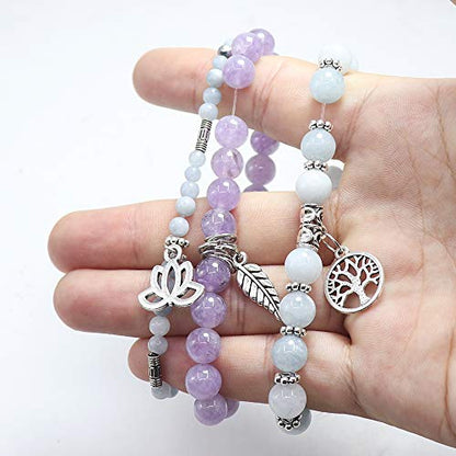 Tree of Life Yoga Healing Stone Bracelets,Multilayer Lotus Chakra Stone Reiki Bracelet Sets,Anxiety Crystal Natural Stone,for Women Stress Relief - style: Aquamarine + Amethyst