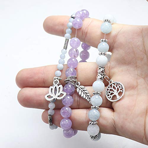 Tree of Life Yoga Healing Stone Bracelets,Multilayer Lotus Chakra Stone Reiki Bracelet Sets,Anxiety Crystal Natural Stone,for Women Stress Relief - style: Aquamarine + Amethyst
