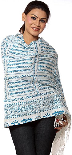 Exotic India Hindu Prayer Shawl with Printed Sri Ram Jai Ram Jai Jai Ram Mantra - PolyCotton - color: Turquoise