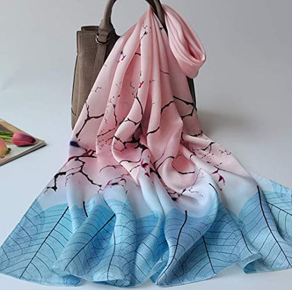 100% Mulberry Silk Long Scarf for Women Large Shawls for Headscarf and Neck- Oblong Hair Wraps with Gift Packed - color: Blue&pink Branches