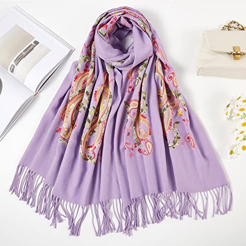 Embroidered Brushed Shawl Paisley Leaves Pattern Scarf Soft Ponchos Wrap Cape With Fringes - color: 040-lavenda