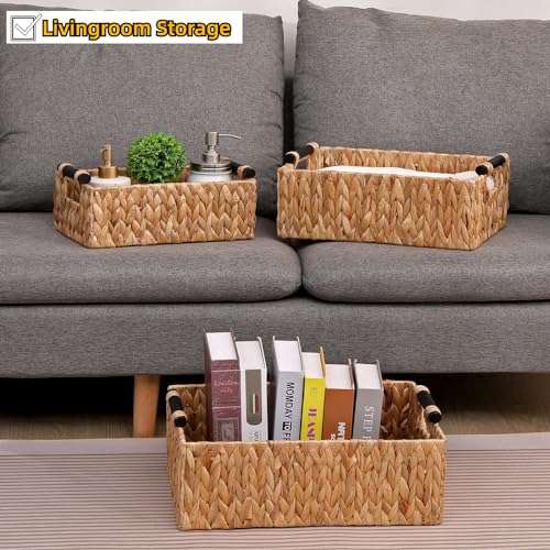 Storage Baskets 3 Pack Storage Baskets for Organizing Toys,Handwoven Storage Bins for Nursery,Natural Water Hyacinth Baskets for Organizing with Wooden Handles