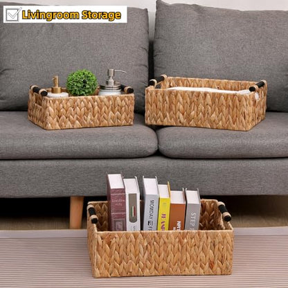 Storage Baskets 3 Pack Storage Baskets for Organizing Toys,Handwoven Storage Bins for Nursery,Natural Water Hyacinth Baskets for Organizing with Wooden Handles