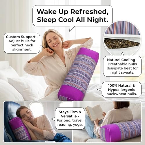 Buckwheat Pillow & Cervical Pillows for Sleeping (21x8x3inch) 100% Organic Coarse Cloth Package w Organic Buckwheat Hulls, Natural Cooling Technology and Relieve Cervical Pain. (Purple) - color: Purple