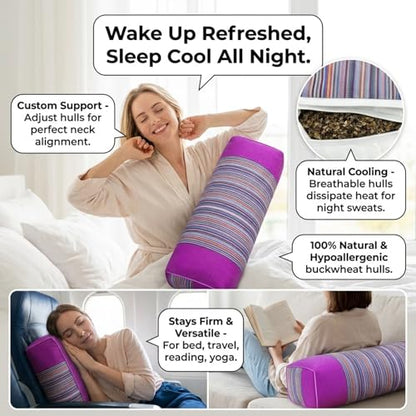 Buckwheat Pillow & Cervical Pillows for Sleeping (21x8x3inch) 100% Organic Coarse Cloth Package w Organic Buckwheat Hulls, Natural Cooling Technology and Relieve Cervical Pain. (Purple) - color: Purple