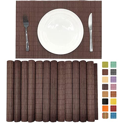 Set of 12 Pcs Bamboo Placemats Natural Anti-Slip Bamboo Placemats Washable Heat-Resistant Table Mats for Dining Room and Kitchen(Chocolate) - color: Chocolate, size: Set of 12