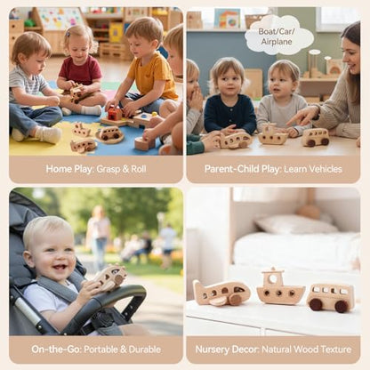 Wooden Cars for Toddlers 1-3, Wooden Vehicles Baby Cars Set with Bus, Airplane and Boat, Montessori Rattle Toys with Rolling Beads, Ideal for Boys and Girls