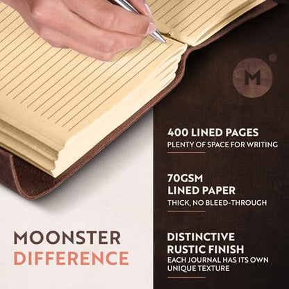 moonster Leather Journal with Embossed Heart Shape - Non Refillable 8x6″ Lined Notebook - 400 Pages College Ruled Kraft Paper - Inspirational Small Notebook - Leather Journals for Women - size: 8" x 6"