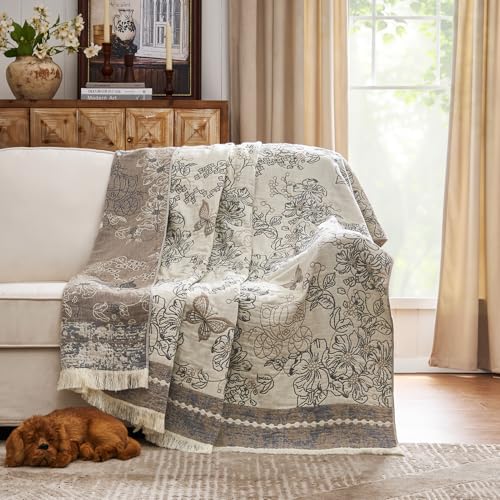 jinchan Boho Floral 100% Cotton Blanket 4-Layer Throw Blanket with Tassel Grey and White Flower Butterfly Soft Luxury Rustic Farmhouse Decor Blanket for Couch Bed 60x80 inch All Season Gift for Women - color: Butterfly Grey and White, size: 60"x80"