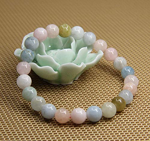 Angelstones Handmade Natural Healing Gemstone 8mm Round Beads Stretch Crystal Bracelet 7 Inch Unisex - color: Morganite Beryl Aquamarine
