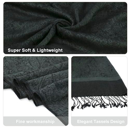 Silky Paisley Pashmina Shawl Scarf-Women's Soft Double-side Jacquard Pashminas Wrap for Evening Dress Travel Shawl - color: A-black Charcoal Gray