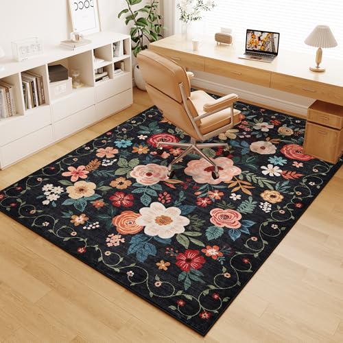 DUKINO 4x6 Feet Office Chair Mat, Lightweight Non Slip Washable Floral Area Rug, Indoor Low Pile & Non-Shedding Boho Design Rugs for Bedroom, Living Room, Dining Room, Black - color: Black, size: 4' x 6' (Rectangular)