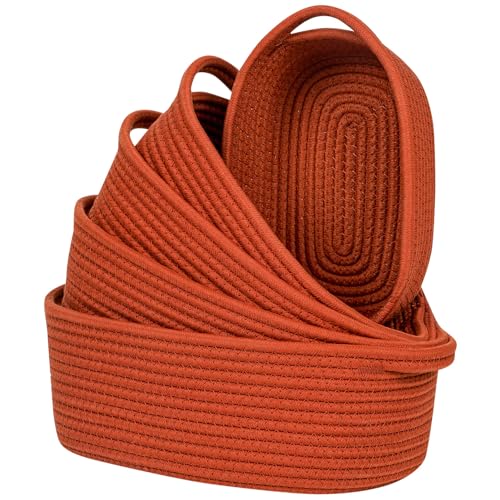 CubesLand Small Cotton Rope Storage Basket Set 5, Shelves Baskets for Organizing with Handle, Decorative Closet Storage Bins for Countertop Toilet Paper Basket for Toilet Tank Top,Rust Basket - color: Rust
