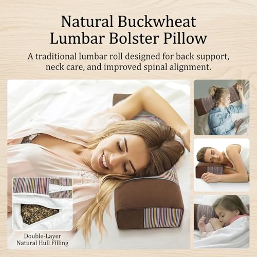 Adjustable Buckwheat Hull Pillow for Neck Pain Relief (21x8x4in) Natural Cooling Cervical Support Bed Pillow for Side & Back Sleepers with Night Sweats (Brown) - color: Brown