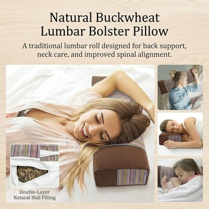 Adjustable Buckwheat Hull Pillow for Neck Pain Relief (21x8x4in) Natural Cooling Cervical Support Bed Pillow for Side & Back Sleepers with Night Sweats (Brown) - color: Brown