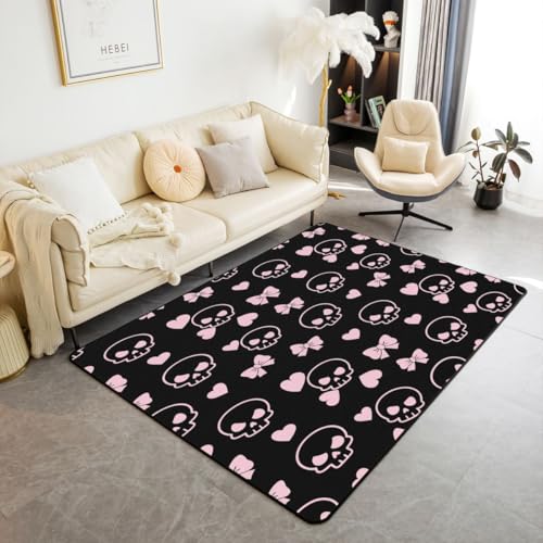 Castle Fairy Cartoon Skull Decorative Carpet Area Rug,Pink Bowknot Love Heart Living Room Rugs for Bedroom Modern Girly Area Rug Black Pink Carpet Kitchen,5x6'6'' - color: Black Pink, size: 6'6" x 4'11" (Rectangular)