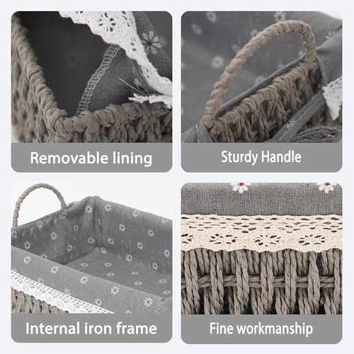 Paper Rope Basket for Organizer on Shelves,Set of 2 Handmade Grey Woven Rectangle Storage Basket Set with Handles and Removable Liners,Ideal for Cosmetics, Toys, Snacks