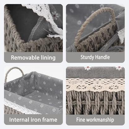 Paper Rope Basket for Organizer on Shelves,Set of 2 Handmade Grey Woven Rectangle Storage Basket Set with Handles and Removable Liners,Ideal for Cosmetics, Toys, Snacks