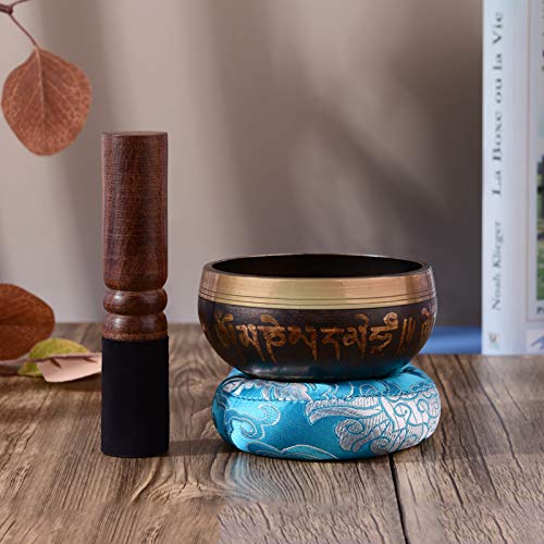 Tibetan Singing Bowl Set with 9.5cm/3.7inch Handmade Metal Sound Bowl & Soft Cushion(Random Color Delivery) & Wooden r for Meditation Sound Chakra Healing Yoga Relaxation