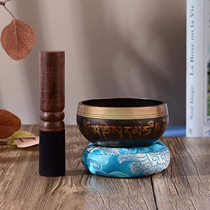 Tibetan Singing Bowl Set with 9.5cm/3.7inch Handmade Metal Sound Bowl & Soft Cushion(Random Color Delivery) & Wooden r for Meditation Sound Chakra Healing Yoga Relaxation