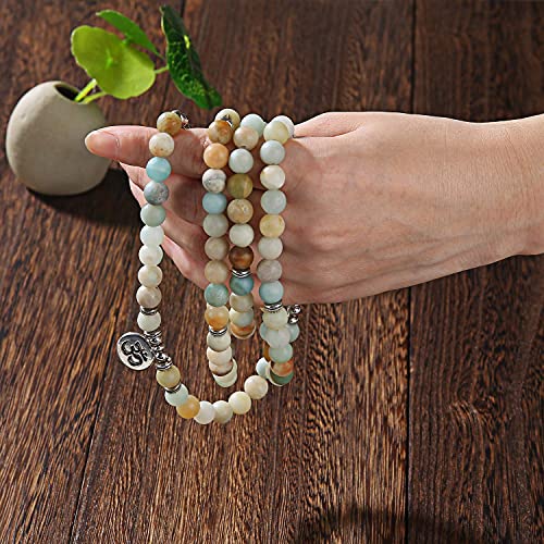 8mm 108 Mala Beads Wrap Bracelet Necklace for Yoga Charm Bracelet Natural Gemstone Jewelry for Women Men - color: OM Matte Amazonite Stone