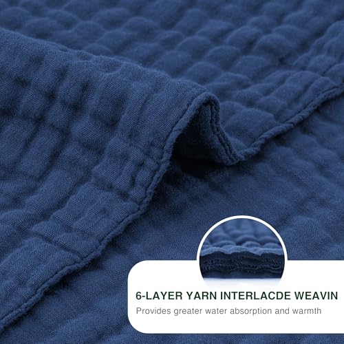 Love's cabin 100% Cotton Muslin Blanket, 6 Layer Lightweight Breathable Gauze King Size Blanket 108 x 90 Inches, Soft Summer Blanket for Bed, Dark Blue - color: Dark Blue, size: King(108"x90")