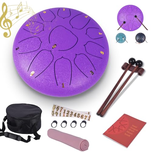Steel Tongue Drum - 10 Inches 11 Notes Rain Drum - Metal Hand Pan Drum for Adults/Kids with Music Book, Handpan Mallets and Carry Bag, C Major Musical Instruments(Lavender Purple) - color: Lavender, size: 10 Inches