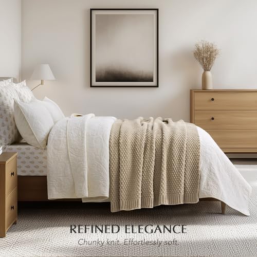 Chunky Chenille Knit Throw Blanket for Couch, Soft Luxurious Moss Stitch Blankets for Bed, Cozy Decorative Farmhouse Knitted Throws for Sofa, Sand Dune, 50" x 60"