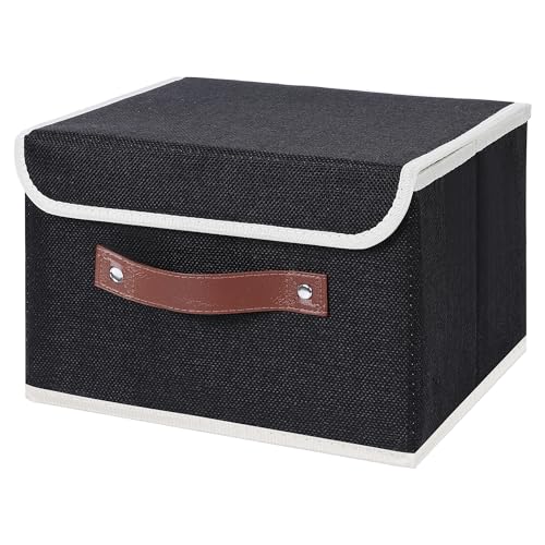 ANMINY Storage Bin with Lid Storage Boxes with PU Leather Handles PP Plastic Board Decorative Foldable Lidded Cotton Linen Fabric Home Cubes Baskets Closet Organizer Container - Black, Small Size - color: Black, size: Small (Pack of 1)